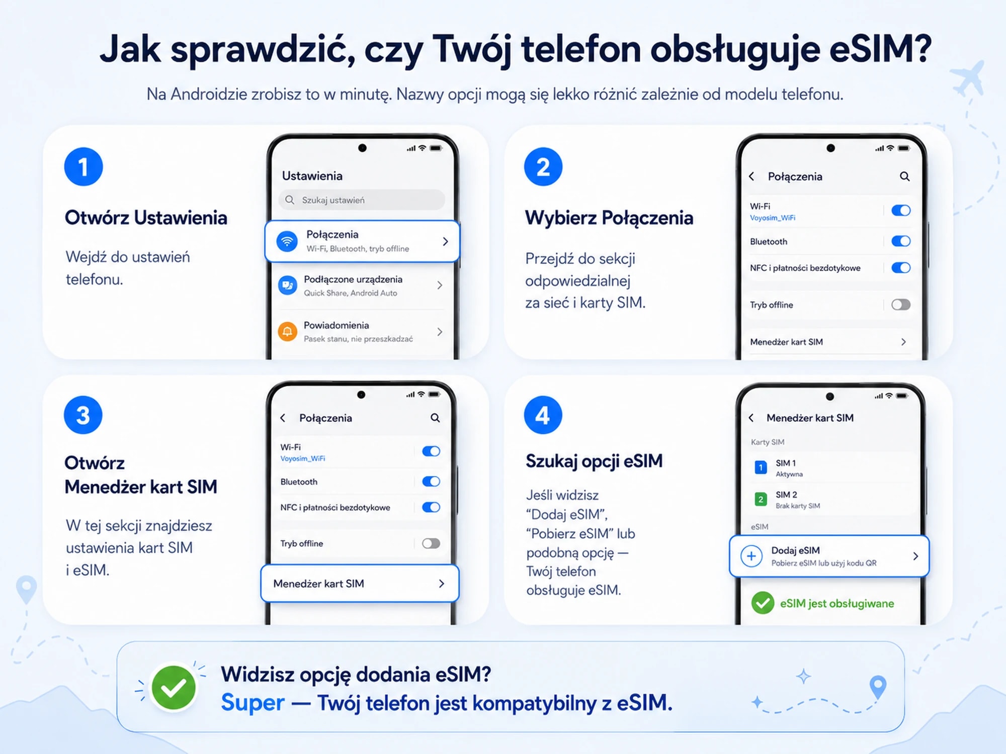 Instrukcja krok po kroku, jak na Androidzie sprawdzić obsługę eSIM: Ustawienia → Połączenia → Menedżer kart SIM → opcja „Dodaj eSIM”.